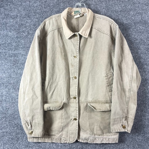 L.L. Bean Jackets & Blazers - Vtg LL Bean Jacket Womens Large Beige Canvas Chore Barn Coat Shacket 80s Retro